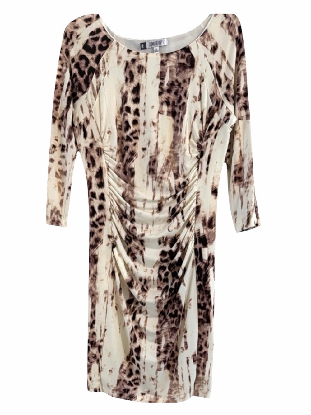 Jennifer Lopez Ruched Animal Print Sheath Dress Cream Brown Stretch S